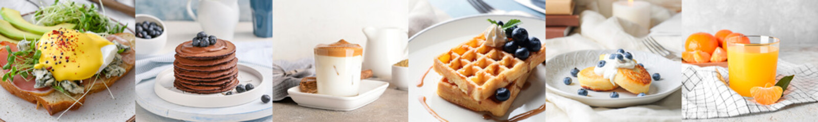 Collection of tasty breakfasts on light background