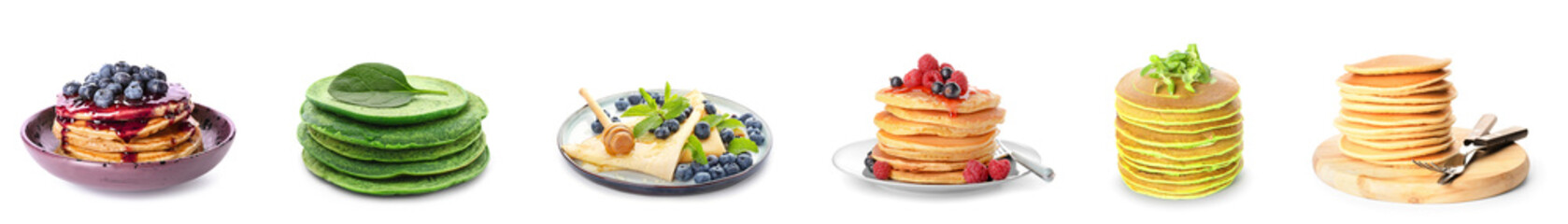 Group of sweet pancakes on white background