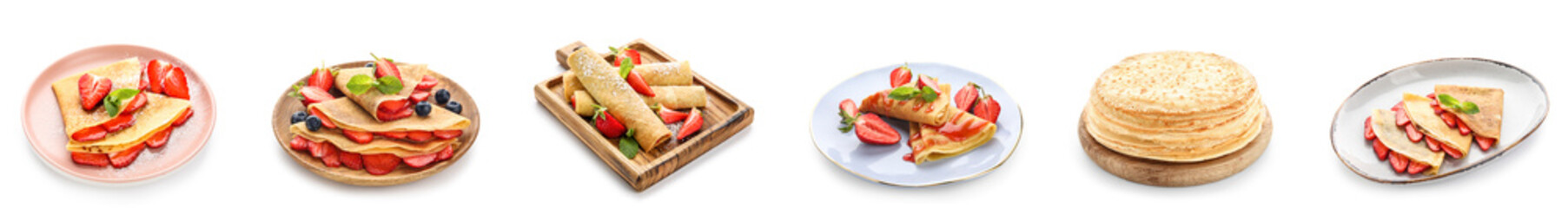 Collage of delicious pancakes on white background