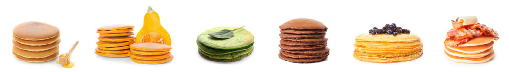 Group of delicious pancakes on white background