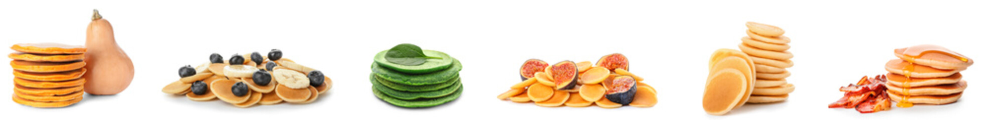 Set of delicious pancakes on white background