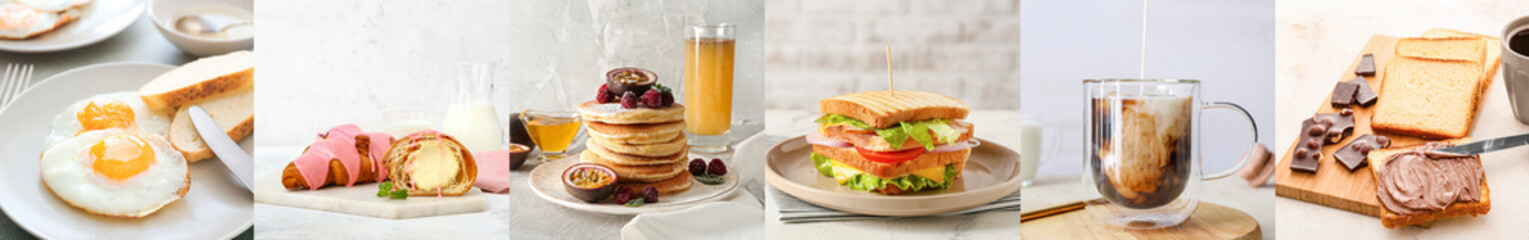 Group of delicious breakfasts on light background