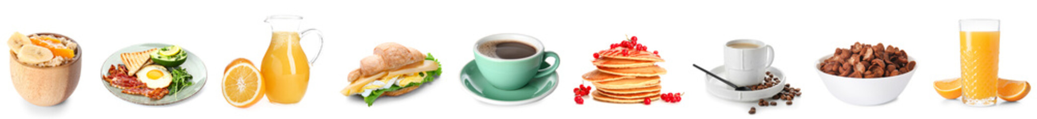 Collage of tasty breakfasts on white background