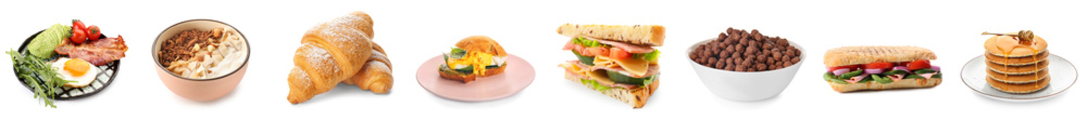 Collection of tasty breakfasts isolated on white