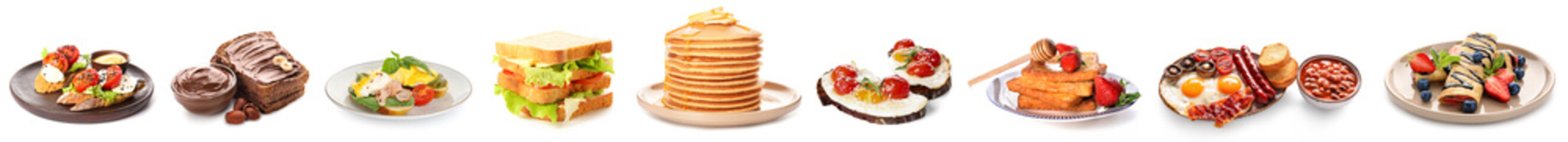 Collection of tasty breakfasts on white background
