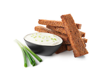 Bowl of tasty sour cream and green onion on white background