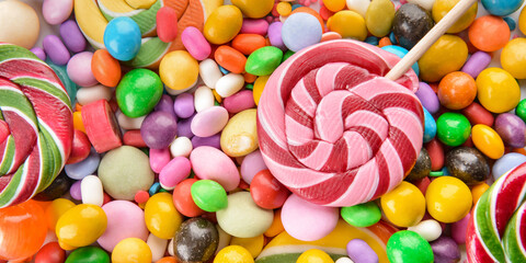 Assortment of tasty candies, top view