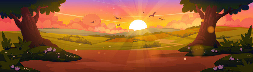 Cartoon nature landscape, summer evening forest panoramic background with green trees, pink blooming flowers and rural field under dusk sky with sun shining, scenery woodland, Vector illustration