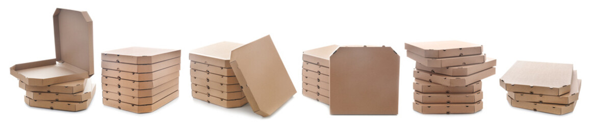 Set of cardboard pizza boxes on white background