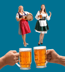 Collage with hands clinking mugs of beer and small Oktoberfest waitresses on blue background