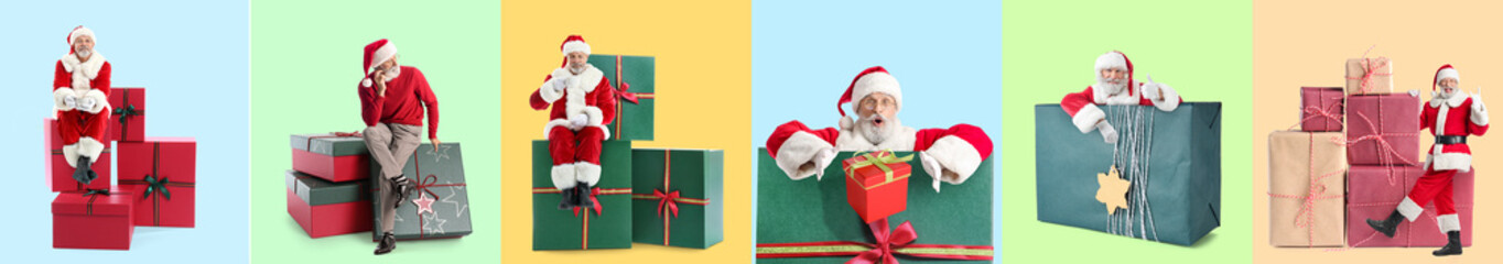 Set of Santa Clauses with big gifts on color background