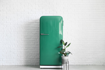 Stylish green retro fridge and houseplant near white brick wall