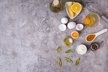 Ingredients for mayonnaise. Delicious homemade mayonnaise with ingredients for sauce. Healthy homemade food. Top view