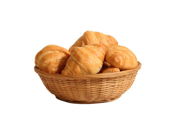 Basket of Fresh Baked Croissant Rolls Isolated on White Background