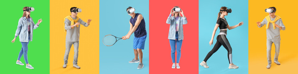 Set of young people with virtual reality glasses on color background