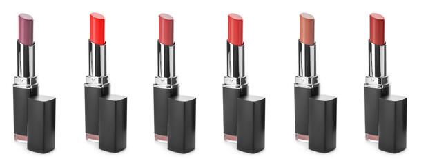 Set of beautiful lipsticks on white background