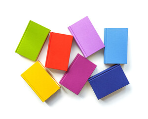 Set of books with colors cover, bright colorful handcover book, Design template mockup for library, education. Textbook for school, reading and studying Top view, isolated on white background