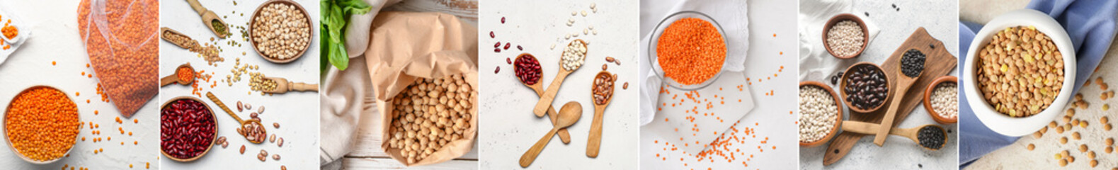 Set of healthy legumes on light background, top view