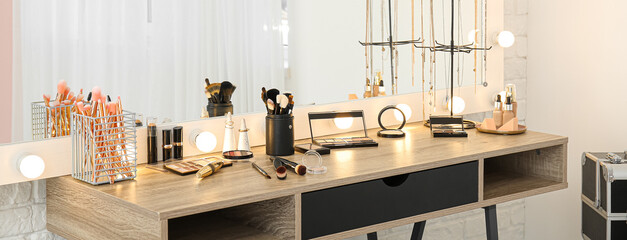 Workplace of makeup artist in modern beauty salon