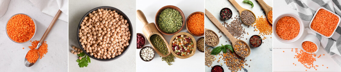 Collage of healthy legumes on light background, top view