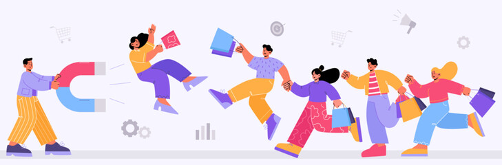 Customer retention, smm concept. Man holding huge magnet attract consumers. Influencer marketing strategy for client attraction, lead generation, social media promo, Line art flat vector illustration
