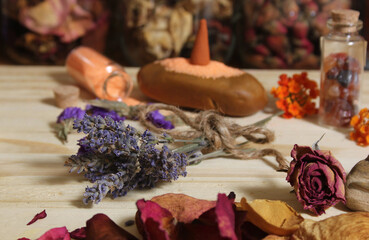 Rose Petals and Dried Lavender With Crystals and Petrified Wood