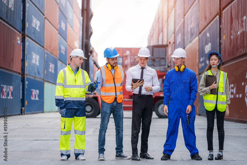 Poster Engineer team inspect and checking stock into container for loading,Container in export and import business and logistics.