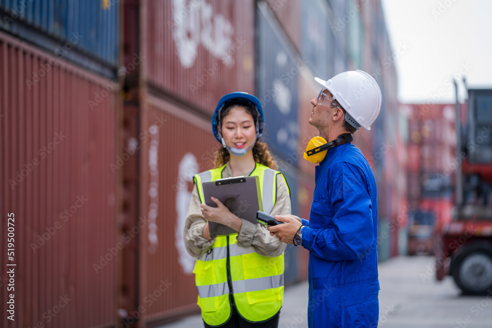 Poster Engineer and inspector working and discuss in shipping container in Container Terminal.