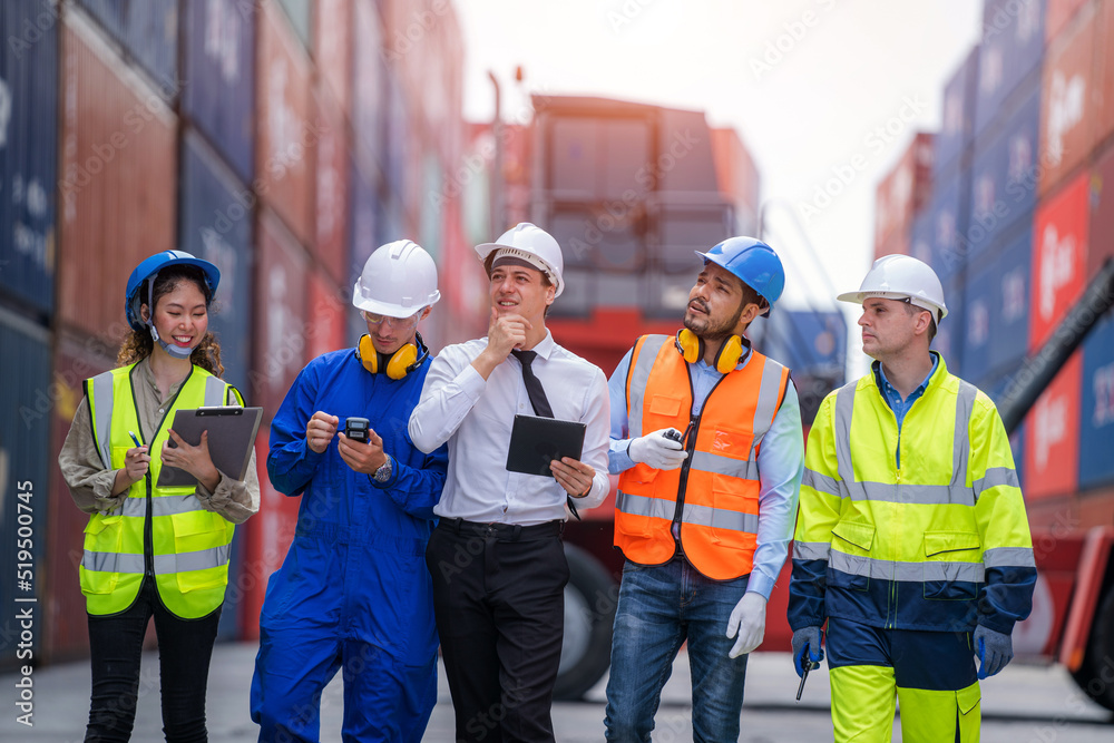 Poster technicians or engineer with worker planning the transportation for import or export in the containe