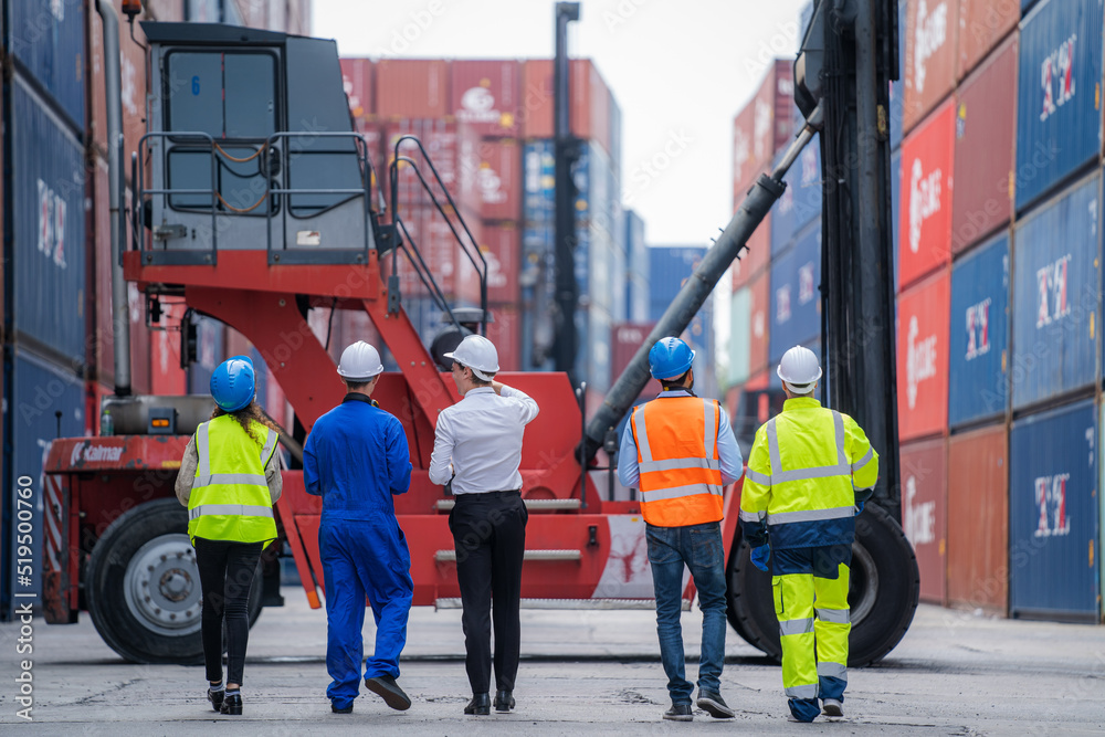 Poster businessman and technician team working planning the transportation for import or export at overseas