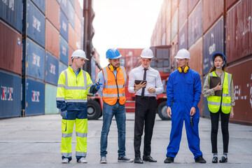 Engineer team inspect and checking stock into container for loading,Container in export and import business and logistics.