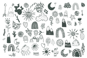 Scandinavian childrens elements. Scandi style doodle plants, animals,fruits, mountains, rainbow vector set.