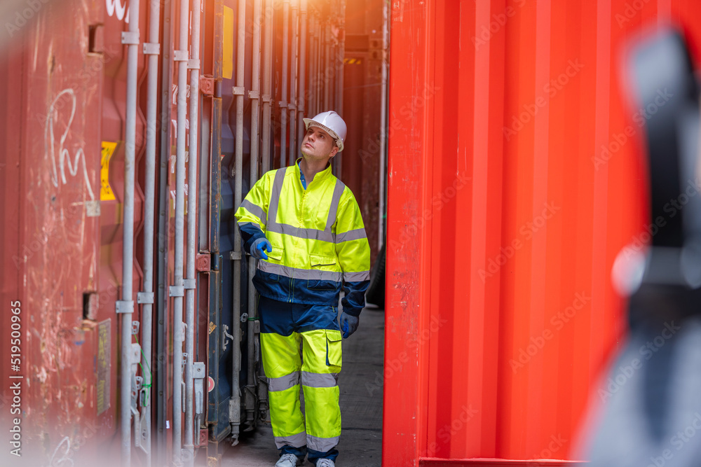 Poster Engineer check goods and stock in industrial container terminal,Quality of product,Checking on shipping containers.