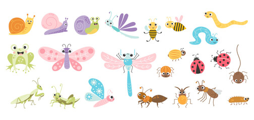 Big collection of cute insects. Funny decorative characters of snail, beetle, dragonfly and butterfly, bee and ant, spider and grasshopper. Vector illustration. isolated elements