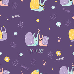 Seamless pattern with snails. In love pair of snails, clam in glasses and with cocktail on purple background with flowers and words - Be happy every day. Vector illustration
