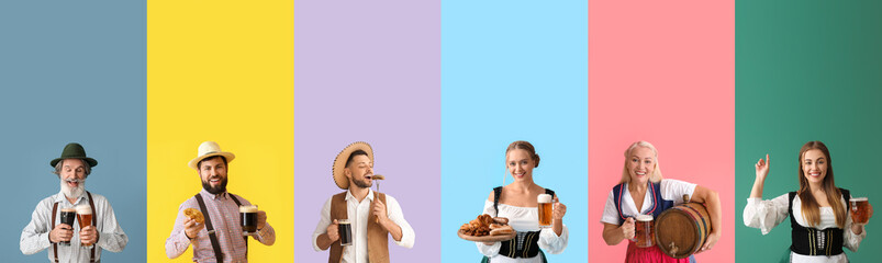 Set of people in traditional German costumes with beer and snacks on color background