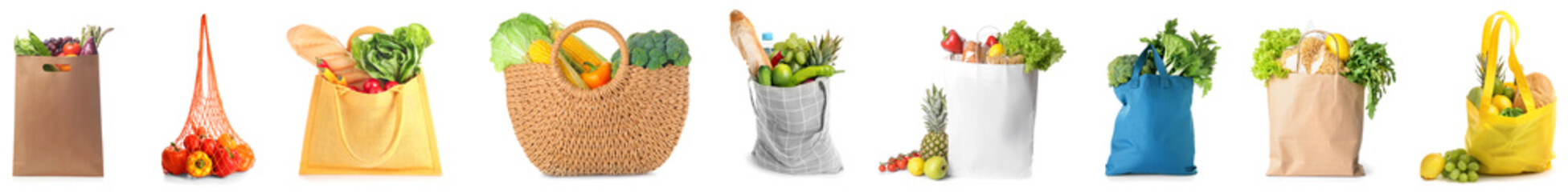 Set of shopping bags with fresh products on white background