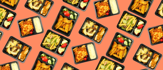 Plastic boxes with tasty food for delivery on color background