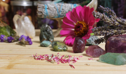 Dried Flowers and Crystal Stones on Meditation Altar Shallow DOF