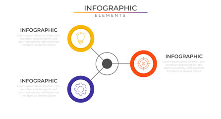Three options connect infographic elements concept design vector with icons. Business workflow network project template for presentation and report.