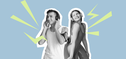 Sporty young man and pretty woman with inflatable ring listening to music on blue background