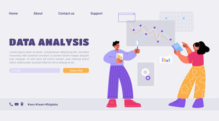 Data analysis landing page, business analysts characters research information at screen with decline chart, and sales management statistics report, consulting service, Line art flat vector web banner