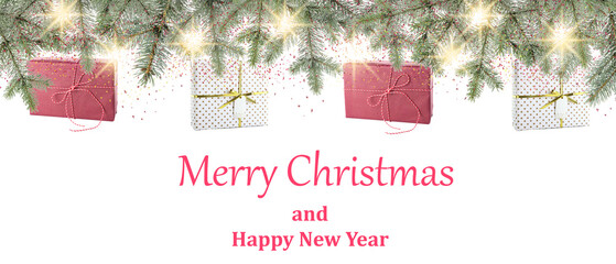 Beautiful banner for Christmas and New Year celebration with gifts and fir branches