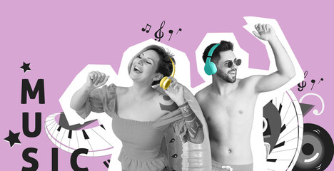 Handsome young man with inflatable ring and tattooed woman listening to music on lilac background