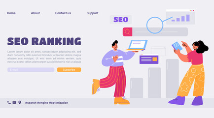 Fototapeta na wymiar SEO ranking landing page. Business characters use search engine optimization tech, internet marketing and digital content. People with pc, analysing chart and browser, Line art flat vector web banner