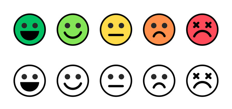 Set of emoji ratings to display customer feedback satisfaction rate - Vector emoticons faces collection with expressions to show good bad client feedback - Icons to use for web, app, toilet, shop, etc