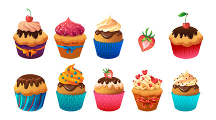 Happy Birthday Cupcakes with Chocolate Cherry and Icing. Vector illustration on white background