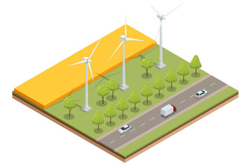 Isometric Green energy industry. Wind turbines generating electricity Sustainable renewable power. Wind Turbines Farm.