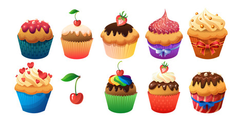 Happy Birthday Cupcakes with Chocolate Cherry and Icing. Vector illustration on white background
