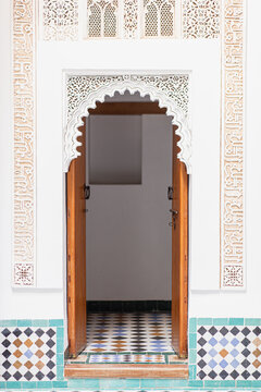 Ancient arabian style entrance gate on an old building in Marrakesh